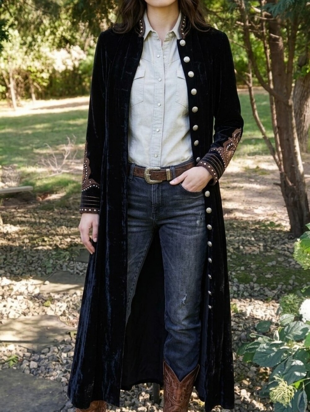 Double D Ranchwear black velvet maxi coat dress. Vintage 1990s Sz L